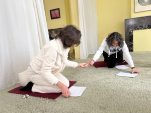 Two people kneel on a beige carpet, exchanging a pen over papers for a craft task in a sunny living room.