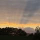 Sunset scene with orange glow over a dark treeline and cloudy sky in the distance.