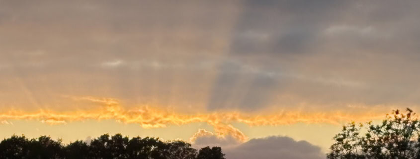 Sunset scene with orange glow over a dark treeline and cloudy sky in the distance.