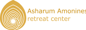 Logo for Asharum Ammonines Retreat Center: a gold teardrop-shaped spiral icon to the left with the name in gold text to the right.