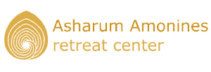 Logo for Asharum Amines retreat center: golden spiral emblem to the left and brown text to the right.