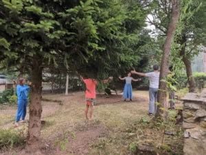 Group of people standing in a circle outdoors under a large evergreen tree, arms extended as they practice a group exercise.