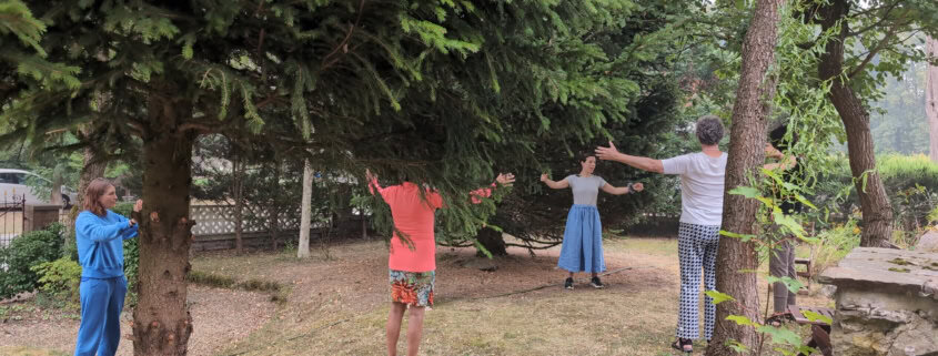 IMG_20260816_093922_004 | Asharum Amonines Group of people standing in a circle outdoors under a large evergreen tree, arms extended as they practice a group exercise.